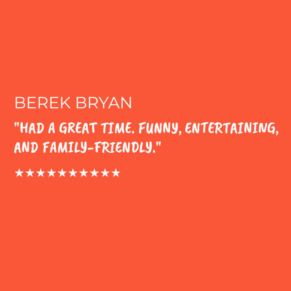 Berek Bryan's 5-star review highlighting Jobeth Bowers' hypnosis show as entertaining, family-friendly, and fun.